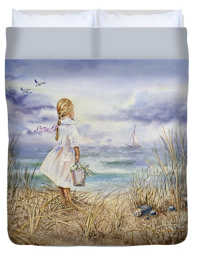 Girl Duvet Cover featuring the painting Girl At The Ocean by Irina Sztukowski