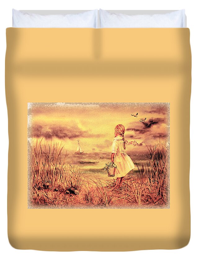 Ocean Duvet Cover featuring the painting Girl And The Ocean Vintage Art by Irina Sztukowski