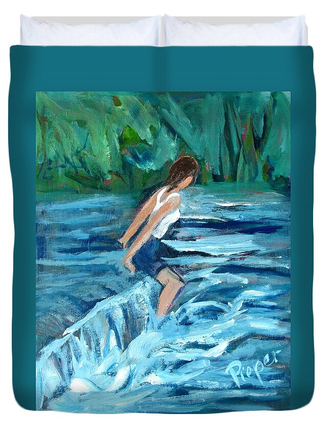 Girl With Camisole Top In Water Duvet Cover featuring the painting Girl Bathing in River Rapids by Betty Pieper