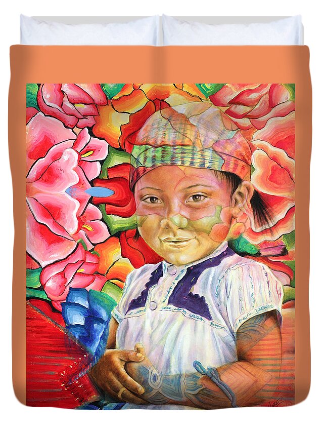 Oaxaca Duvet Cover featuring the painting Girl in flowers by Karina Llergo