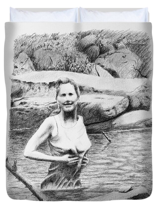 Girl Duvet Cover featuring the drawing Girl In Savage Creek by Daniel Reed