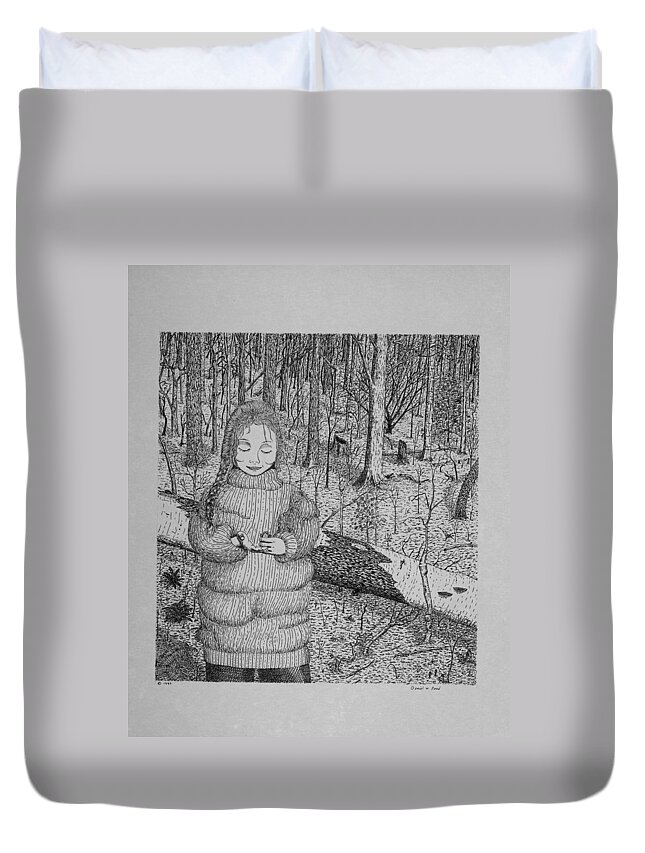 Girl Duvet Cover featuring the drawing Girl In The Forest by Daniel Reed