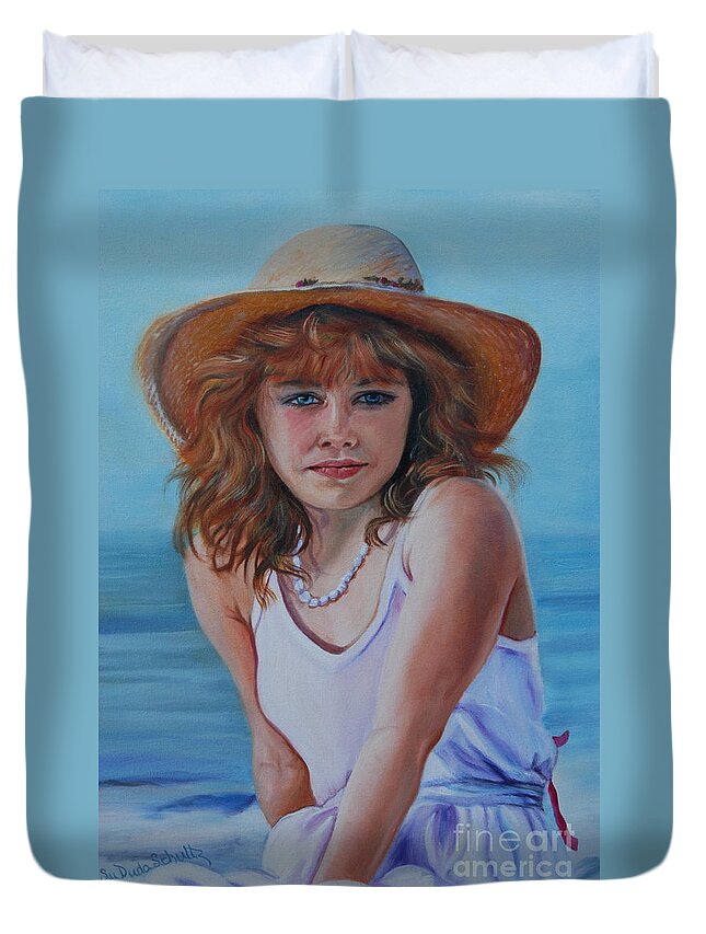 Girl Duvet Cover featuring the painting Girl in the Straw Hat by Susan Duda