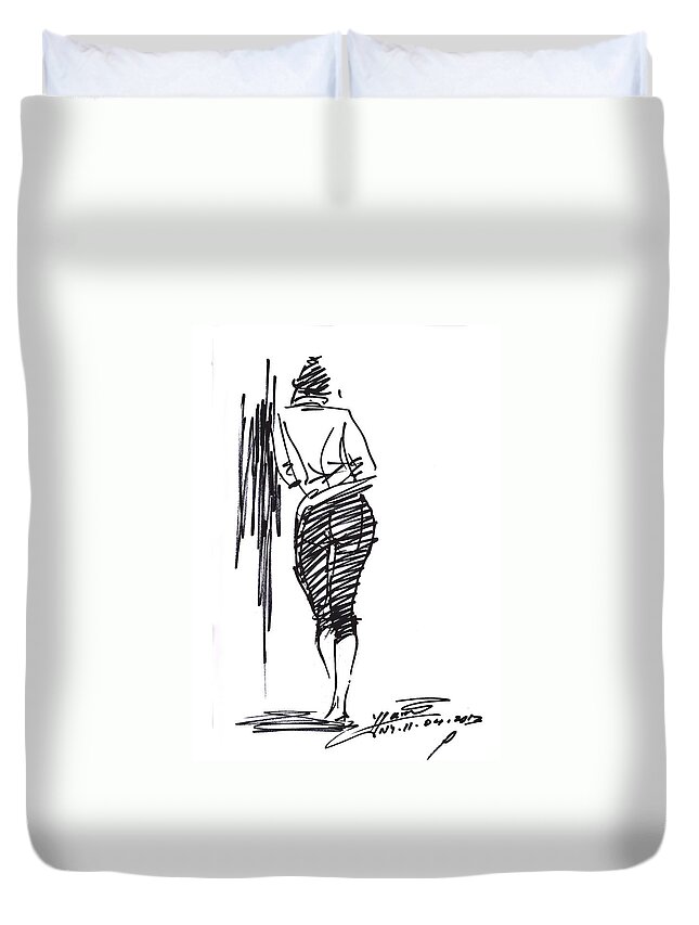 Girl Duvet Cover featuring the drawing Girl Leaning Against Wall by Ylli Haruni