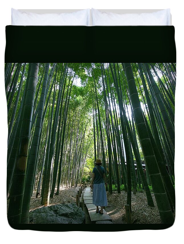 Mature Adult Duvet Cover featuring the photograph Girl Walking In The Tall Bamboo Forest by Hazelog