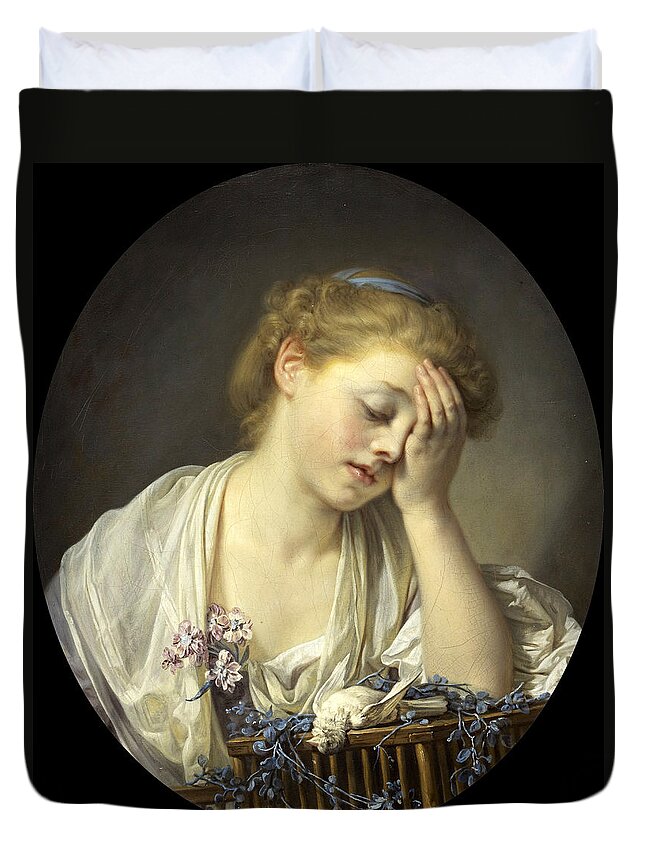 Jean-baptiste Greuze Duvet Cover featuring the painting Girl with a Dead Canary by Jean-Baptiste Greuze
