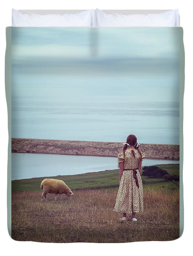 Girl Duvet Cover featuring the photograph Girl With A Sheep by Joana Kruse