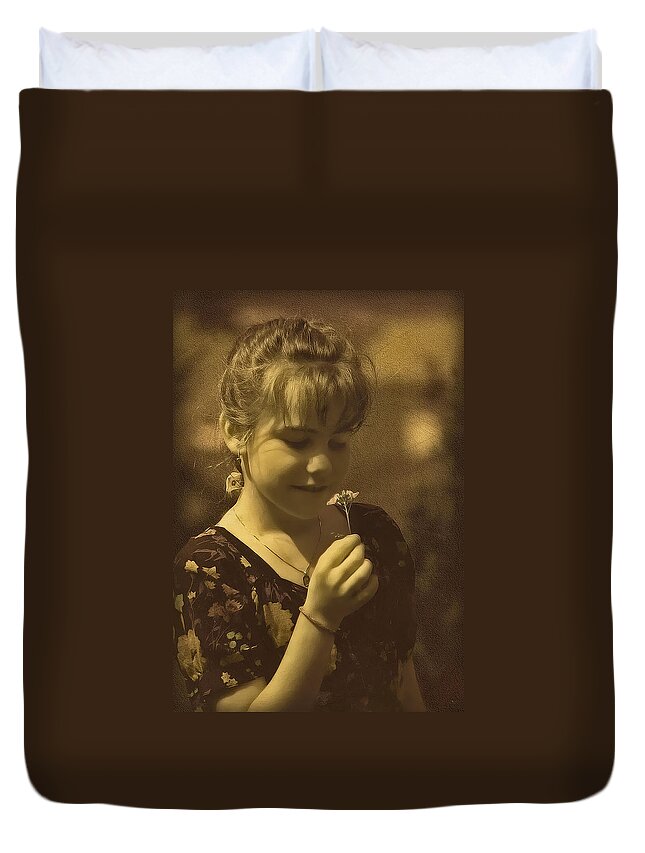 Girl Duvet Cover featuring the photograph Girl with Flower by Hanny Heim