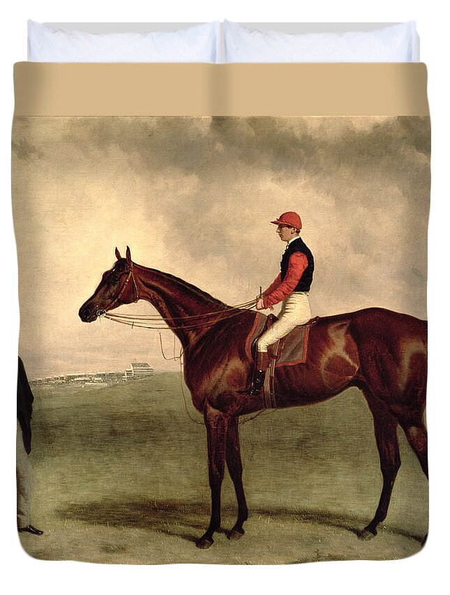 Top Hat Duvet Cover featuring the painting Gladiateur with Harry Grimshaw Up and His Owner Count Frederic de Lagrange by Harry Hall