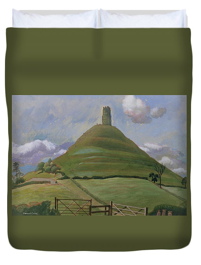 Landscape Duvet Cover featuring the drawing Glastonbury Tor by Osmund Caine