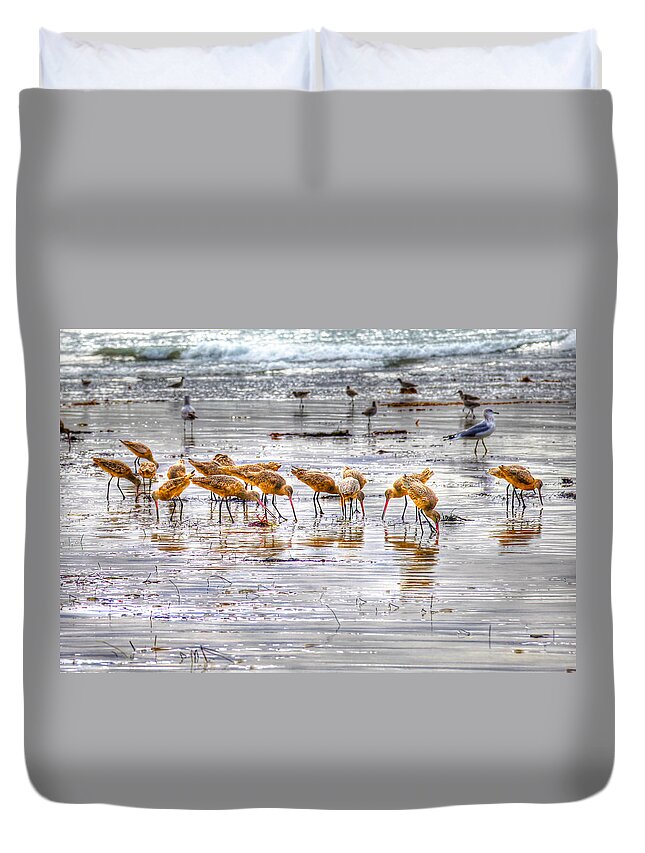 Godwits Duvet Cover featuring the photograph Godwits at San Elijo Beach by Dusty Wynne
