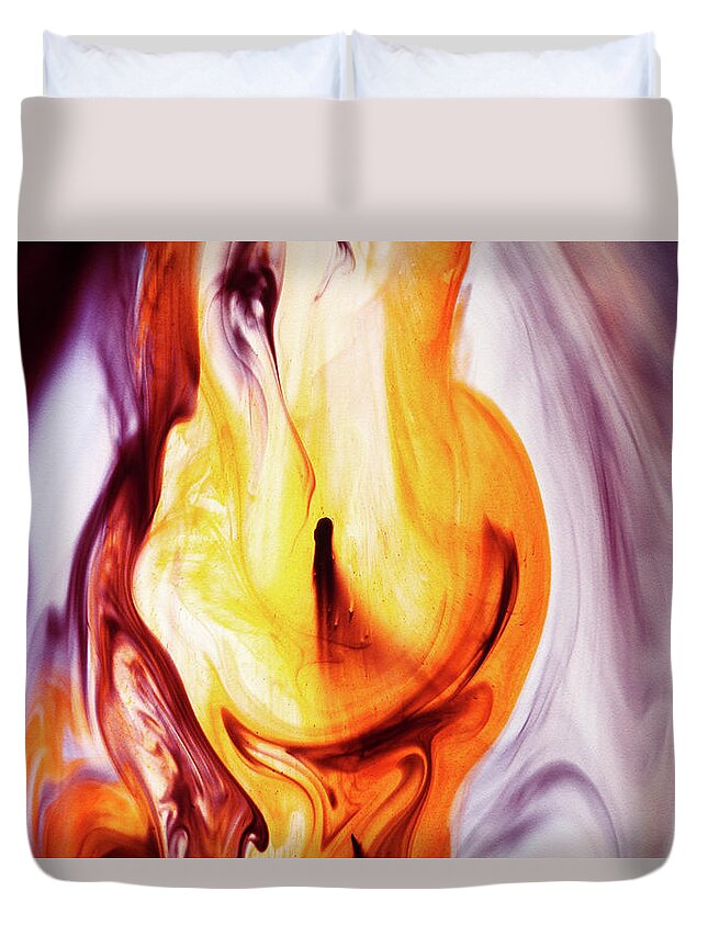 Orange Color Duvet Cover featuring the photograph Gold And Purple Dyes In Liquid by Mimi Haddon