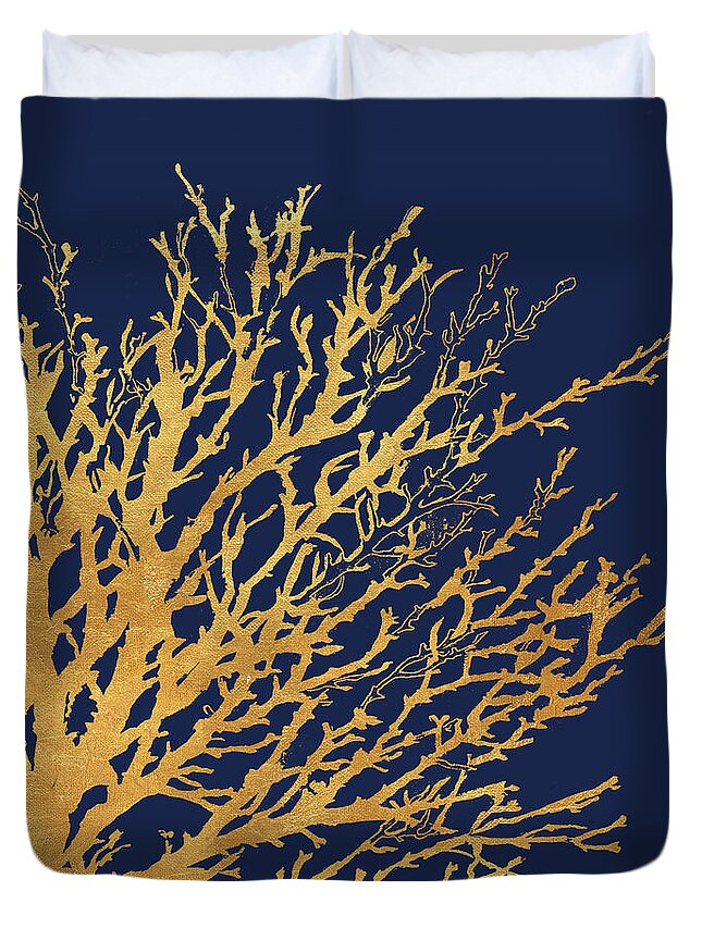 Gold Duvet Cover featuring the mixed media Gold Medley On Navy by Lanie Loreth