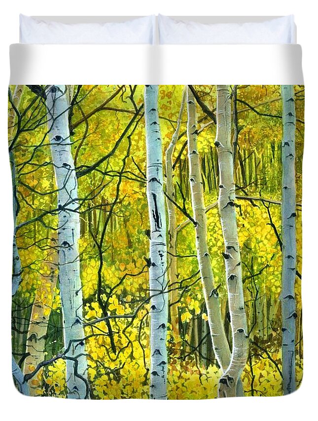 Watercolor Trees Duvet Cover featuring the painting Golden Aspens by Barbara Jewell