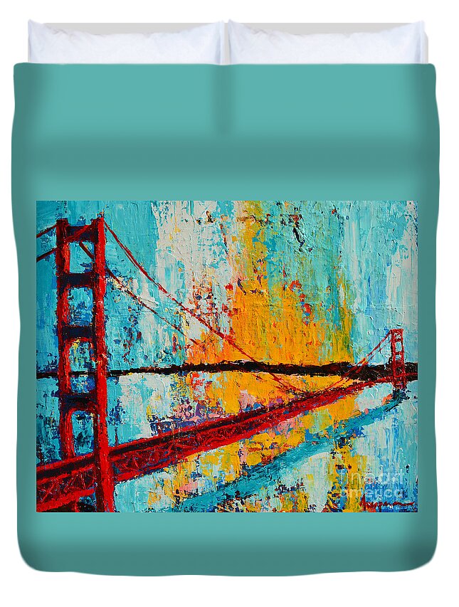 Landmark Duvet Cover featuring the painting Golden Gate Bridge Modern Impressionistic Landscape Painting Palette Knife work by Patricia Awapara