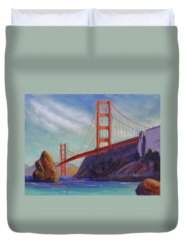 Golden Gate Bridge Duvet Cover featuring the painting Golden Gate Bridge by Kevin Hughes