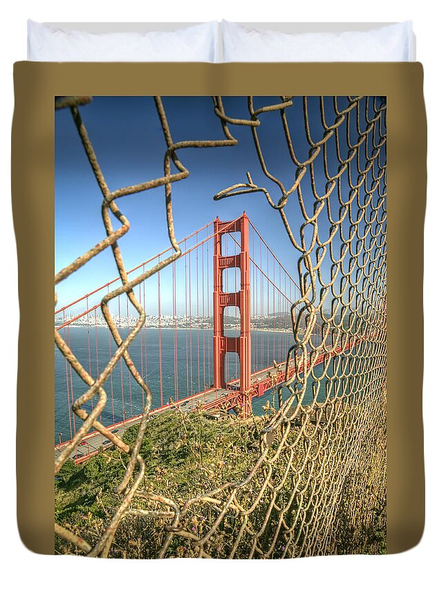 Golden Gate Duvet Cover featuring the photograph Golden Gate through the fence by Scott Norris