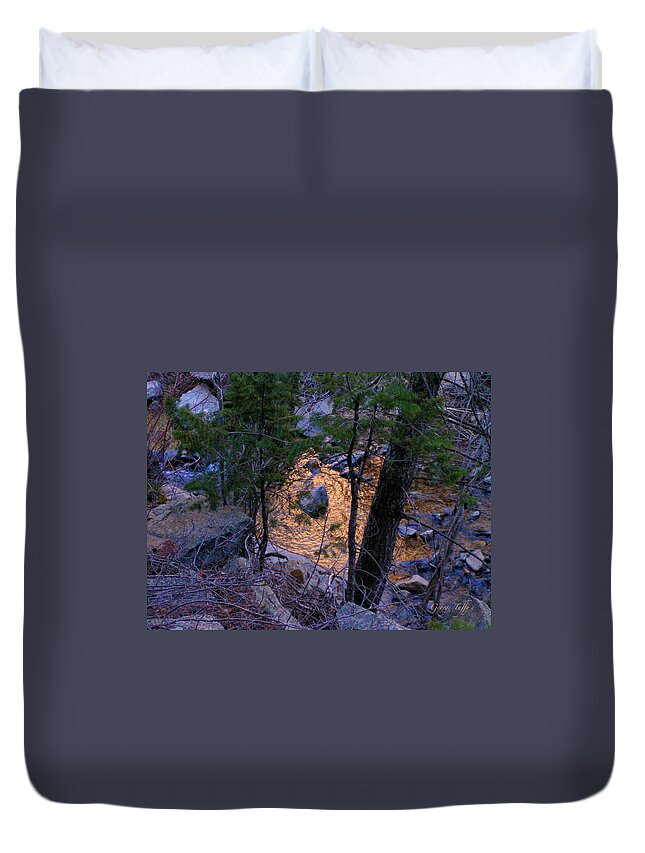 Golden Pond Creek Nature Reflection Sunset Colorado Rocky Mountains Water Duvet Cover featuring the photograph Golden pond by George Tuffy