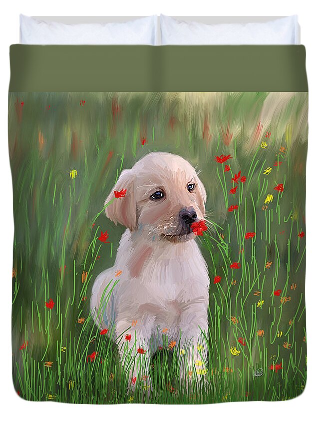Puppy Duvet Cover featuring the painting Golden Retriever Puppy by Angela Stanton