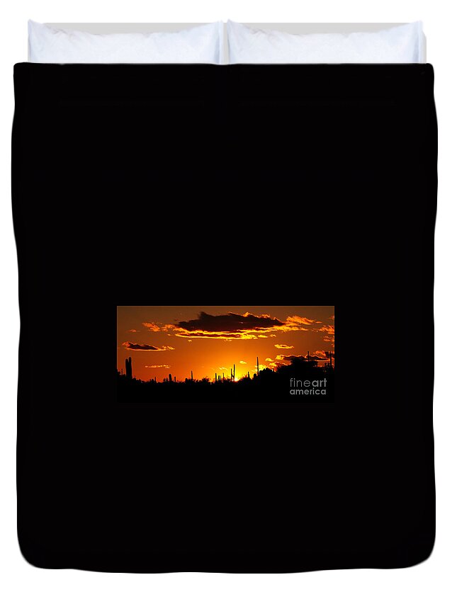 Saguaro Duvet Cover featuring the photograph Golden Skies Panorama by Vivian Christopher