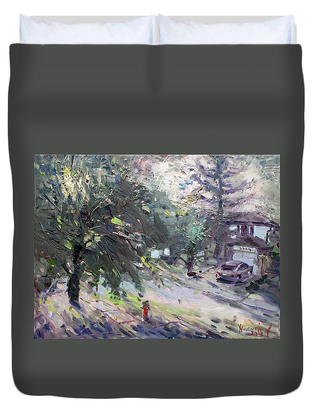 Sunrise Duvet Cover featuring the painting Good Morning Neighbor by Ylli Haruni