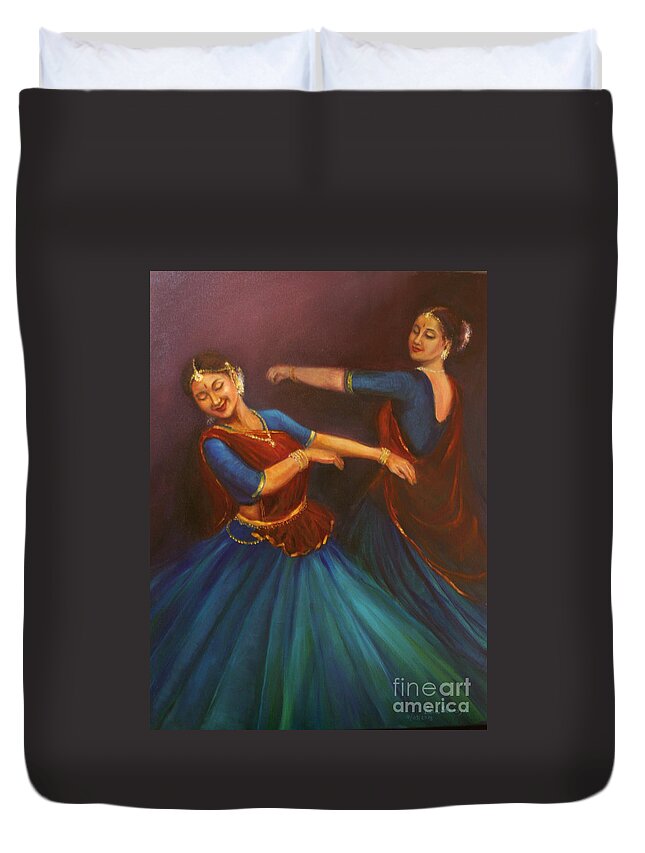 Kathak Dancers Duvet Cover featuring the painting Gopis dancing to the flute of Krishna by Asha Sudhaker Shenoy