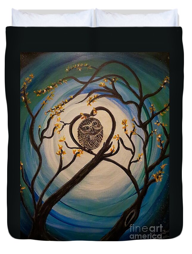 Baby Owl Looking Up With Loving Eyes Surrounded With Heart-shaped Flowering Tree Branches In The Center And Light Swirls Of White Duvet Cover featuring the painting Graciela Finds Her Heartsong by Kimberlee Baxter