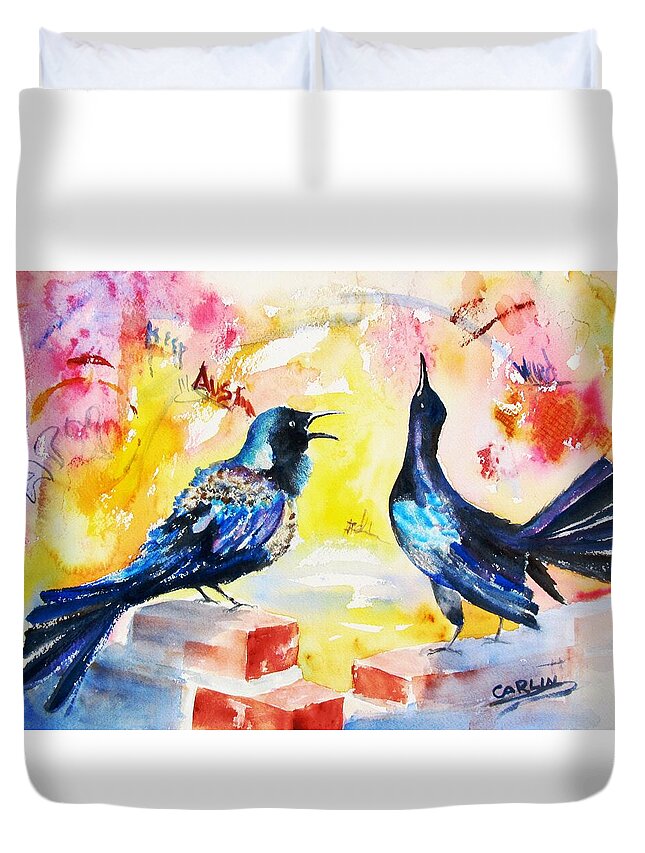 Bird Duvet Cover featuring the painting Grackles and Graffiti by Carlin Blahnik CarlinArtWatercolor