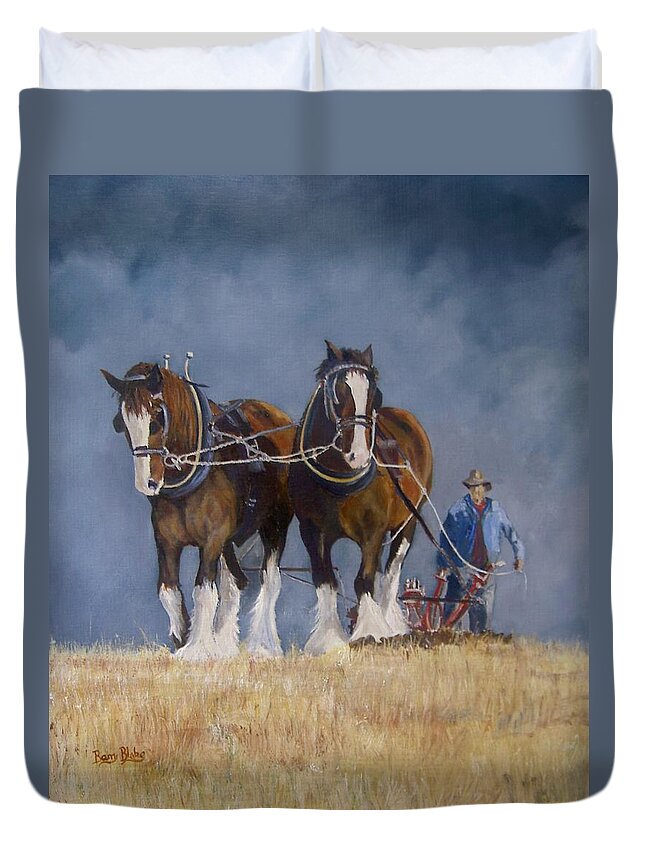 Horses Duvet Cover featuring the painting Graft by Barry BLAKE