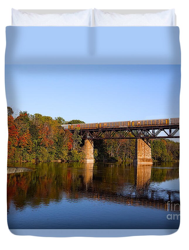Landscape Duvet Cover featuring the photograph Grand River Autumn Freight Train by Barbara McMahon