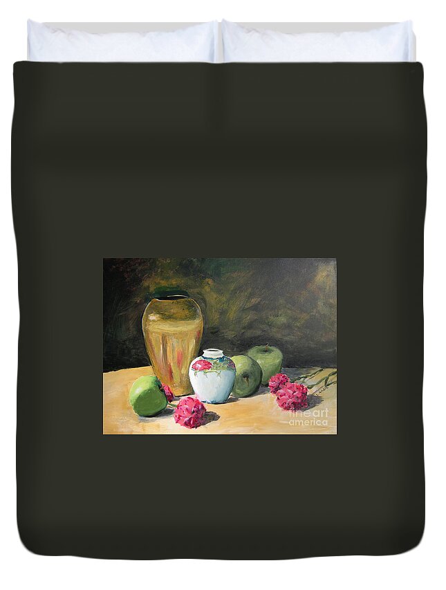 Still Life Duvet Cover featuring the painting Granny's Apples by Lilibeth Andre