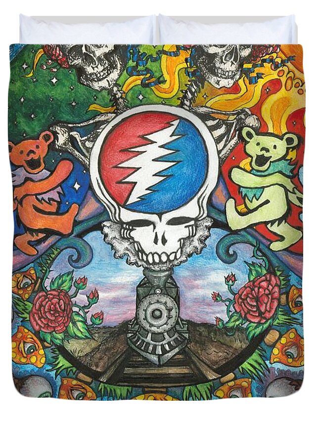 Rock Duvet Cover featuring the drawing Grateful Dead Poster by Amanda Paul