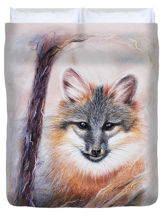 Gray Fox Duvet Cover featuring the drawing Gray Fox by Patricia Lintner