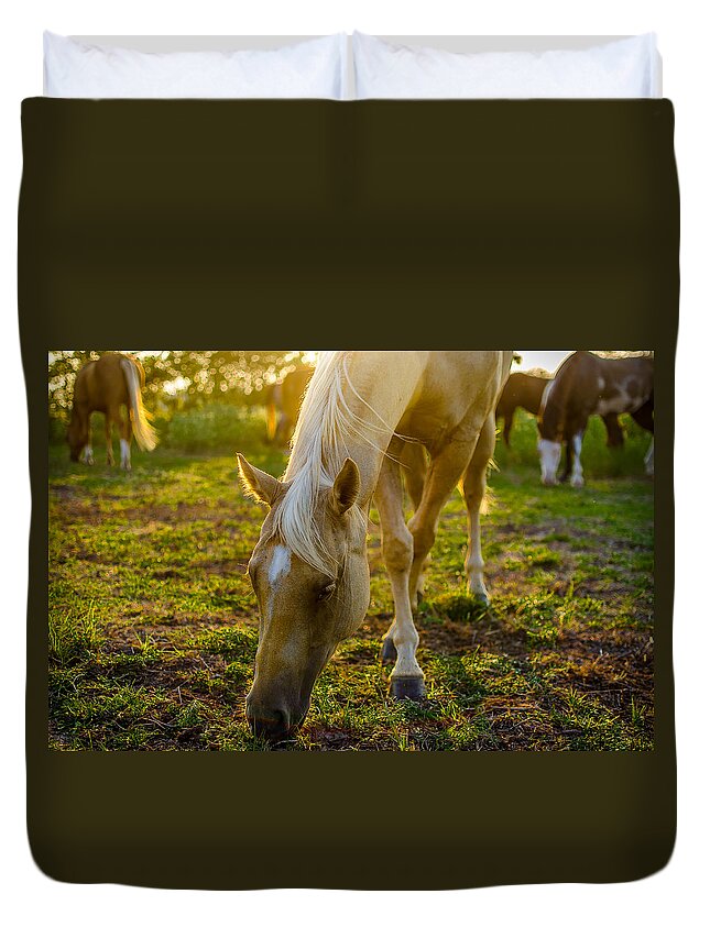 Horse Duvet Cover featuring the photograph Grazing at Sunset by David Morefield