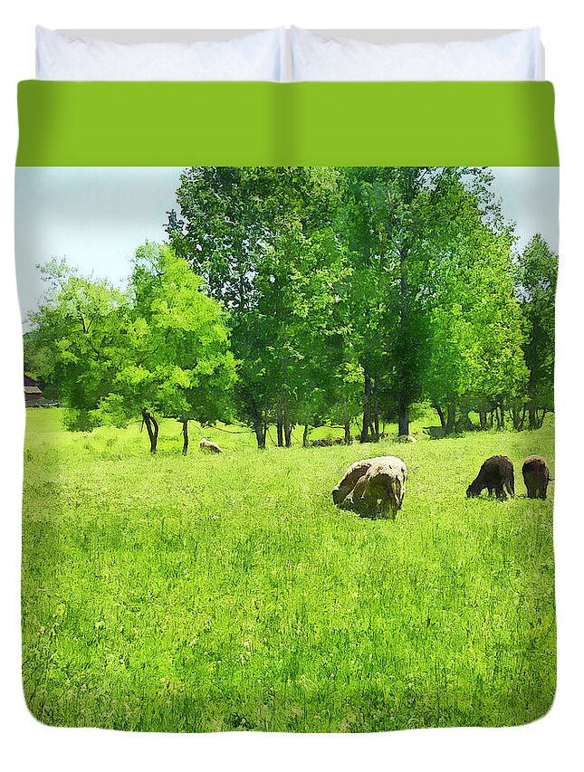 Farm Duvet Cover featuring the photograph Grazing Sheep by Susan Savad