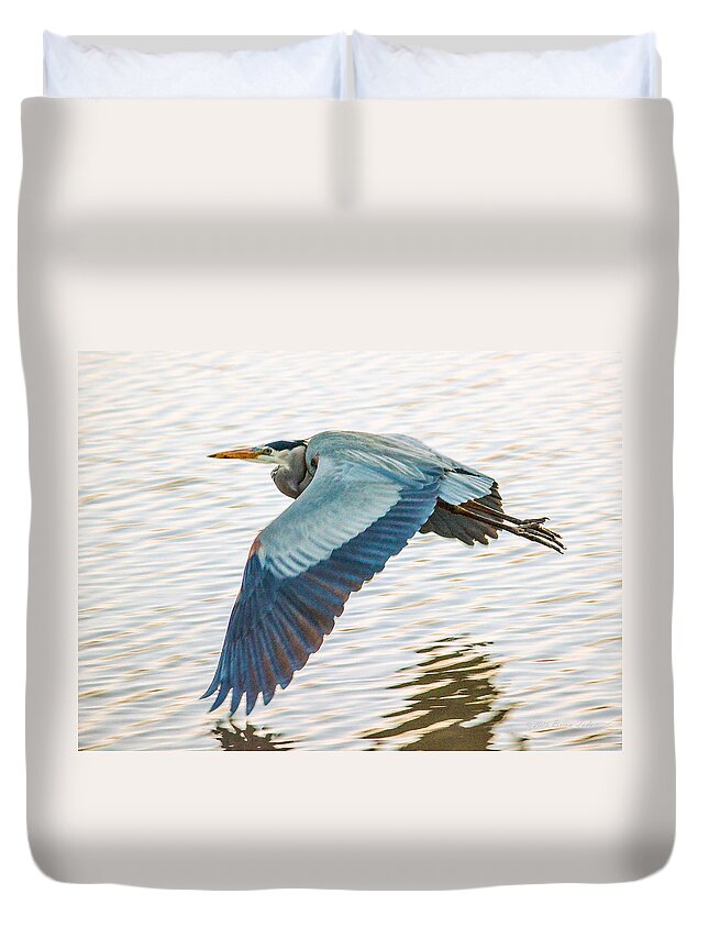 Great Blue Heron Duvet Cover featuring the photograph Great Blue Heron Taking Flight by Brian Tada