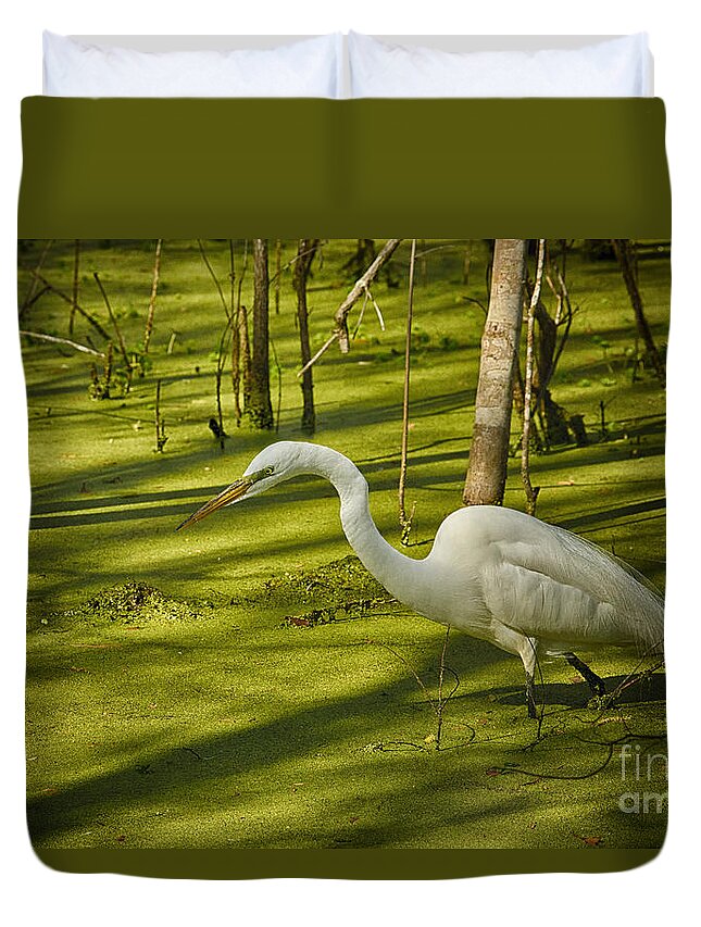 Great Egret Duvet Cover featuring the photograph Great Egret Magnolia Plantation by Carrie Cranwill