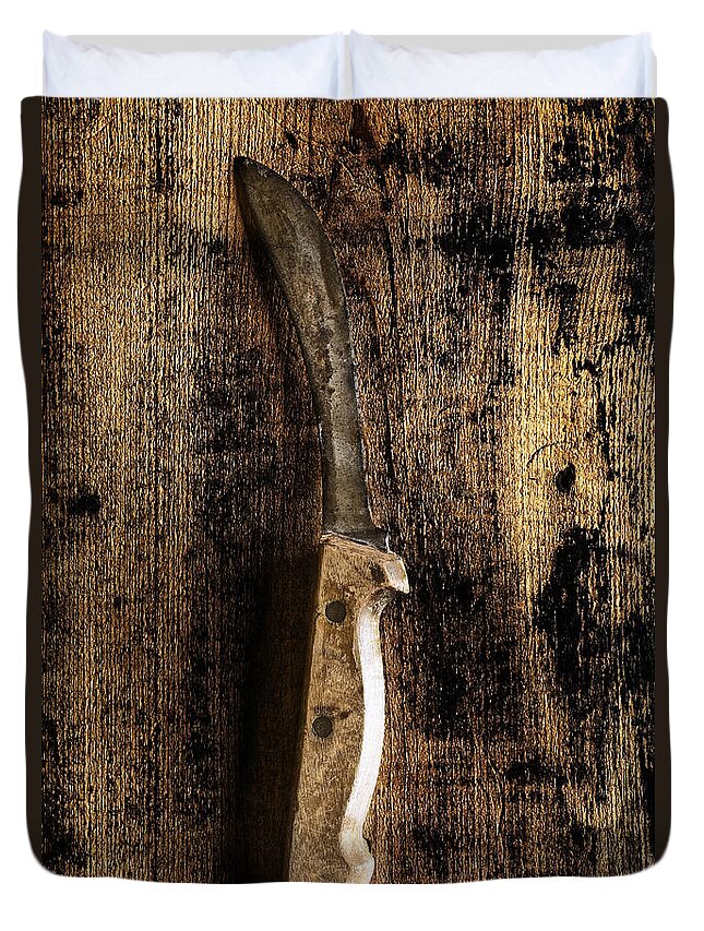 Knife; Dark; Eerie; Foreboding; Horror; Horrific; Ominous; Mystery; Mysterious; Sinister; Blade; Long; Murder; Drama; Dramatic; Looming; Spooky; Violence; Violent; One; Long; Sharp; Weapon; Rusty; Old; Vintage Duvet Cover featuring the photograph Great Grandpa's Knife by Margie Hurwich