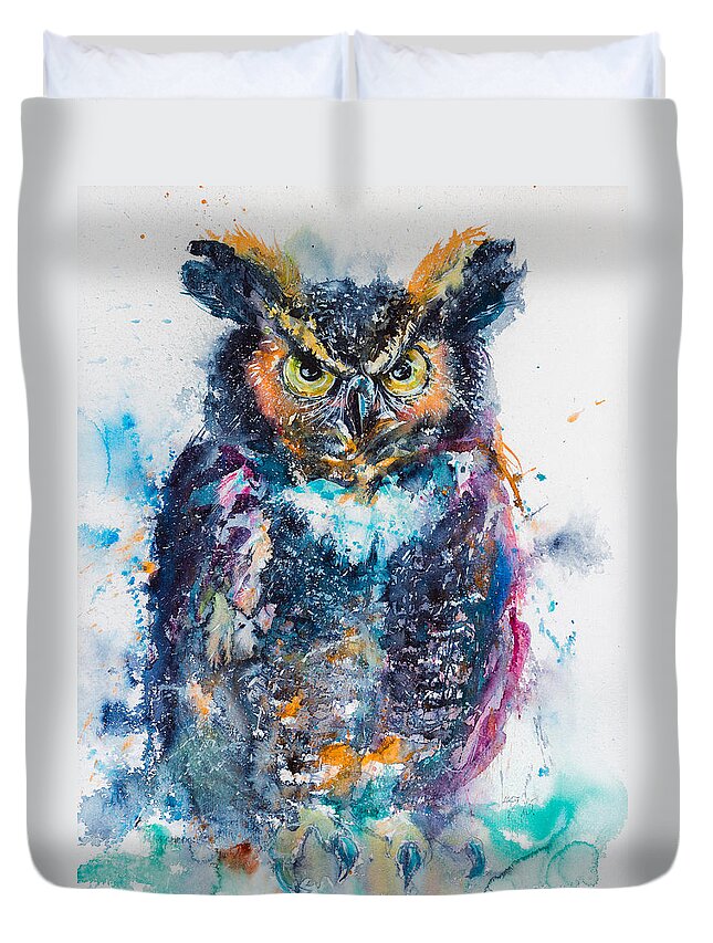 Great Horned Owl Duvet Cover featuring the painting Great horned owl by Kovacs Anna Brigitta