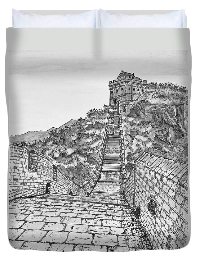 Ancient Duvet Cover featuring the drawing Greatest Wall Ever Black and White by Ashley Goforth