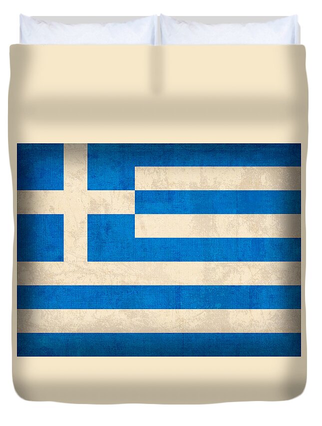 Greece Greek Athen Hellenic Ruins Acropolis Flag Vintage Distressed Finish Duvet Cover featuring the mixed media Greece Flag Vintage Distressed Finish by Design Turnpike