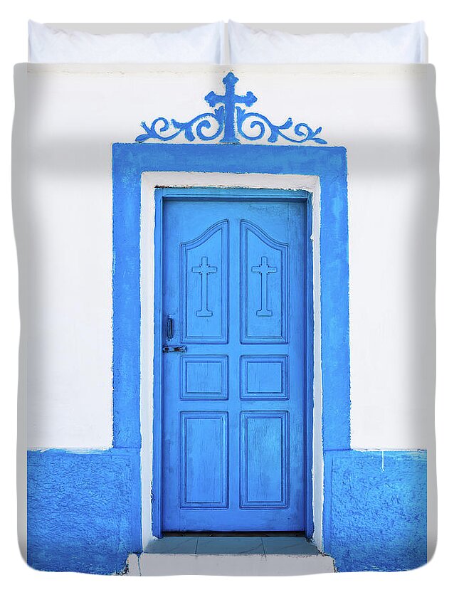 Steps Duvet Cover featuring the photograph Greek Door by Borchee