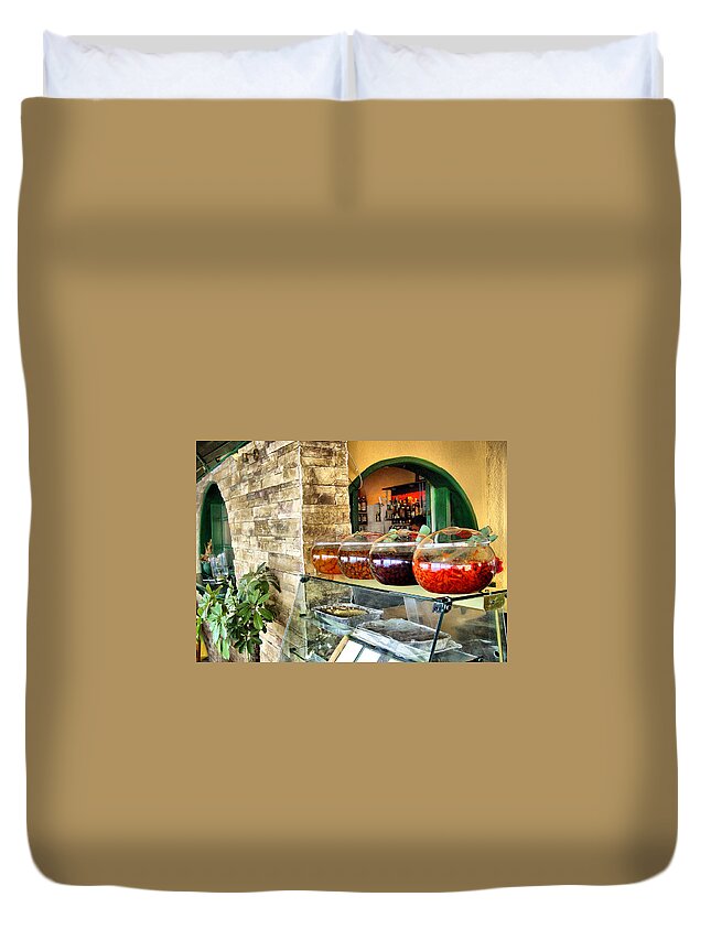 Olives Duvet Cover featuring the photograph Greek Isle Restaurant Still Life by Mitchell R Grosky