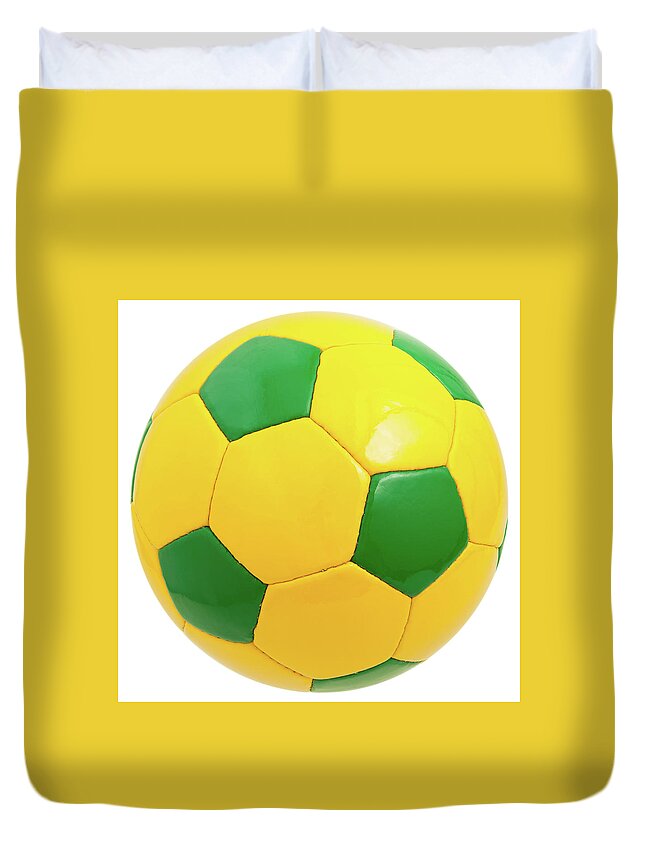 White Background Duvet Cover featuring the photograph Green And Yellow Soccer Ball by Flavio Coelho