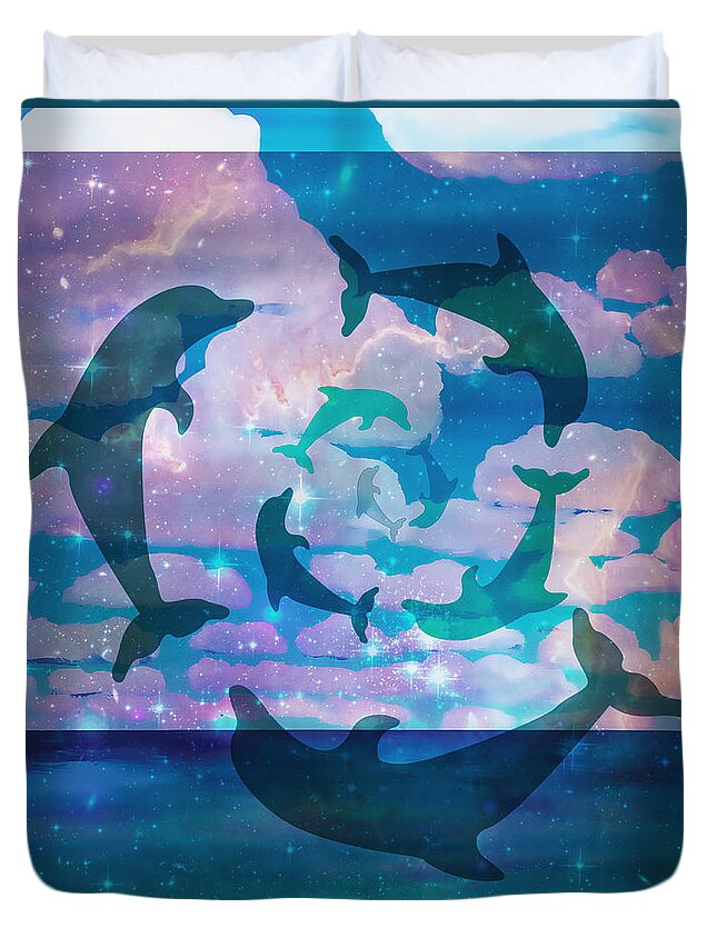 Dolphins Duvet Cover featuring the painting Green Dolphin Dance by Shelley Myers