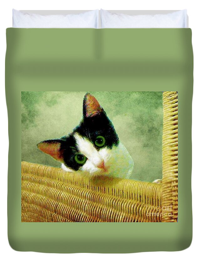 Cat Duvet Cover featuring the photograph Green Eyed Cat on Wicker by Janette Boyd