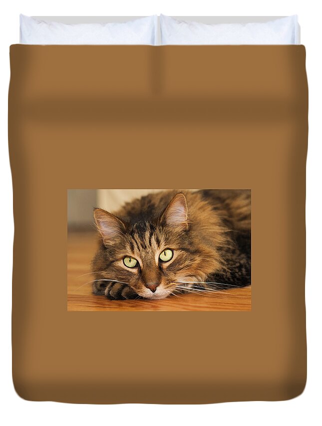 Cat Duvet Cover featuring the photograph Green Eyes by Donna Doherty