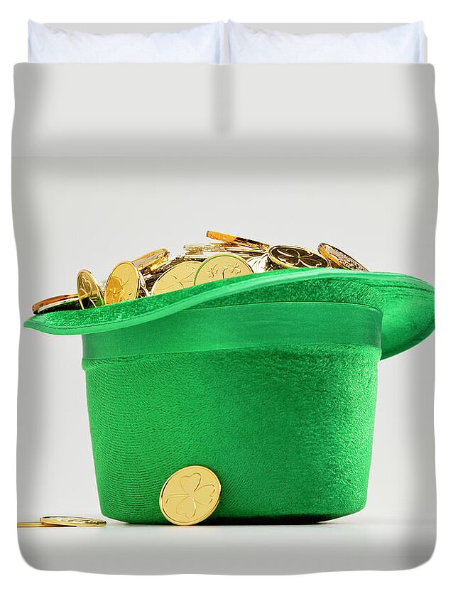 Coin Duvet Cover featuring the photograph Green Hat Filled With Golden Coins by Vstock Llc