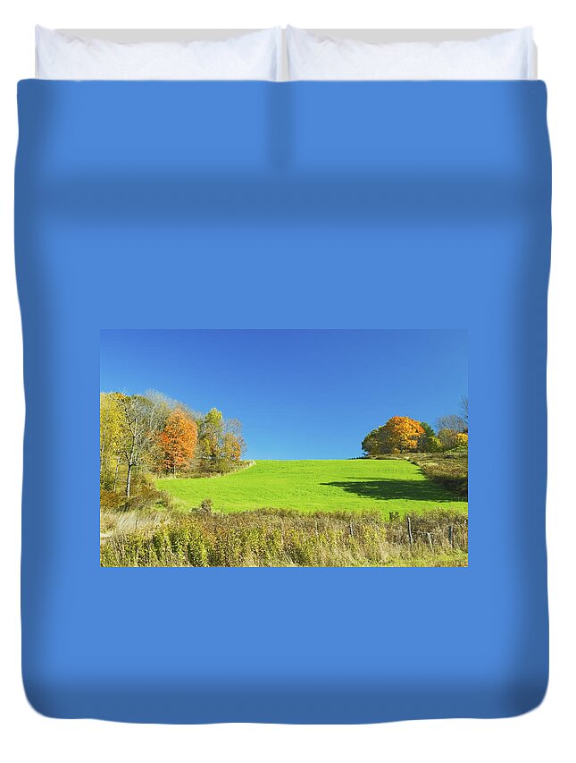 Field Duvet Cover featuring the photograph Green Hay Field And Autumn Trees In Maine by Keith Webber Jr