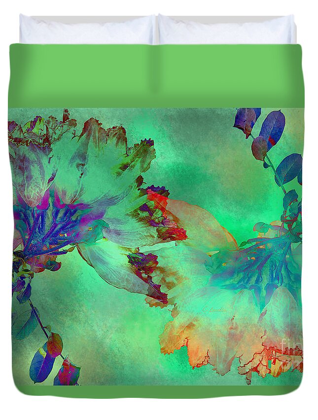 Claudia's Art Dream Duvet Cover featuring the digital art Green Hibiscus Mural Wall by Claudia Ellis